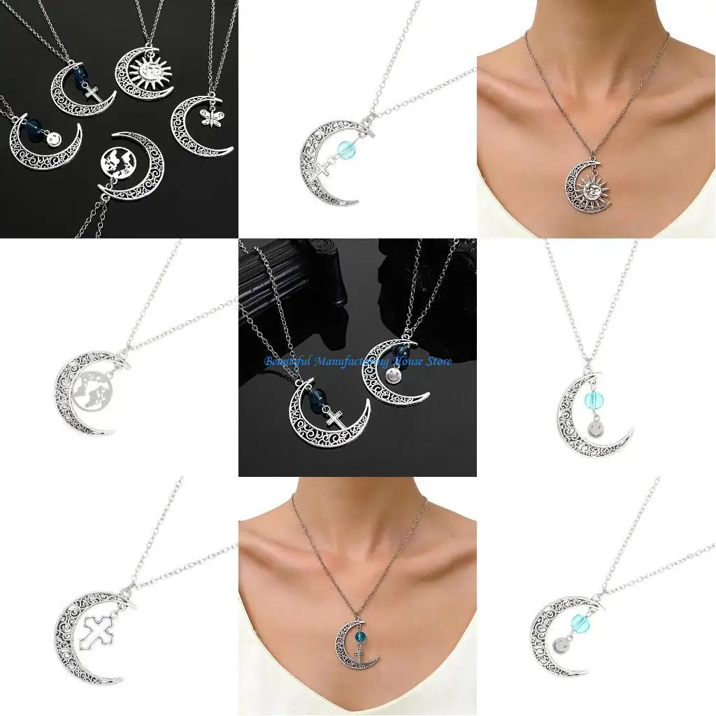 

E56A Female Trend Niche Crossed Butterfly Sun Moon Collarbone Chain Silver Necklace
