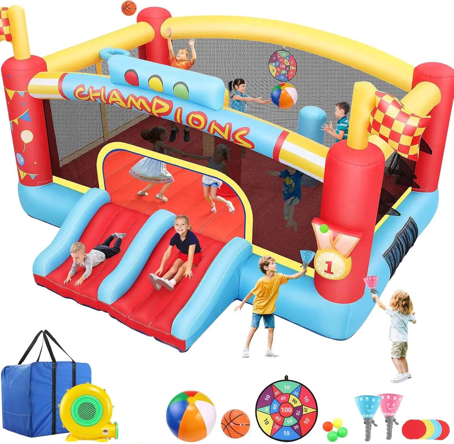 Casa de rebote inflable grande para niños grandes, abolladuras inflables al aire libre de 13 pies con soplador, aro de baloncesto doble, juego de pelota de lanzamiento,
