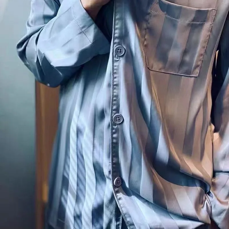 Simple Luxury Outer-Wearing Pajamas for Men Women New Style Dark Stripe Haze Blue for Spring Autumn Home Clothes Stock Available