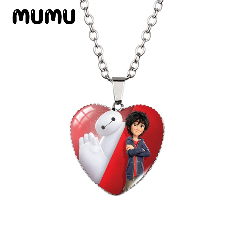 2024 New Big Hero 6 Heart Necklace Baymax Glass Printed Photo Pendant Handmade Jewelry Gifts Children