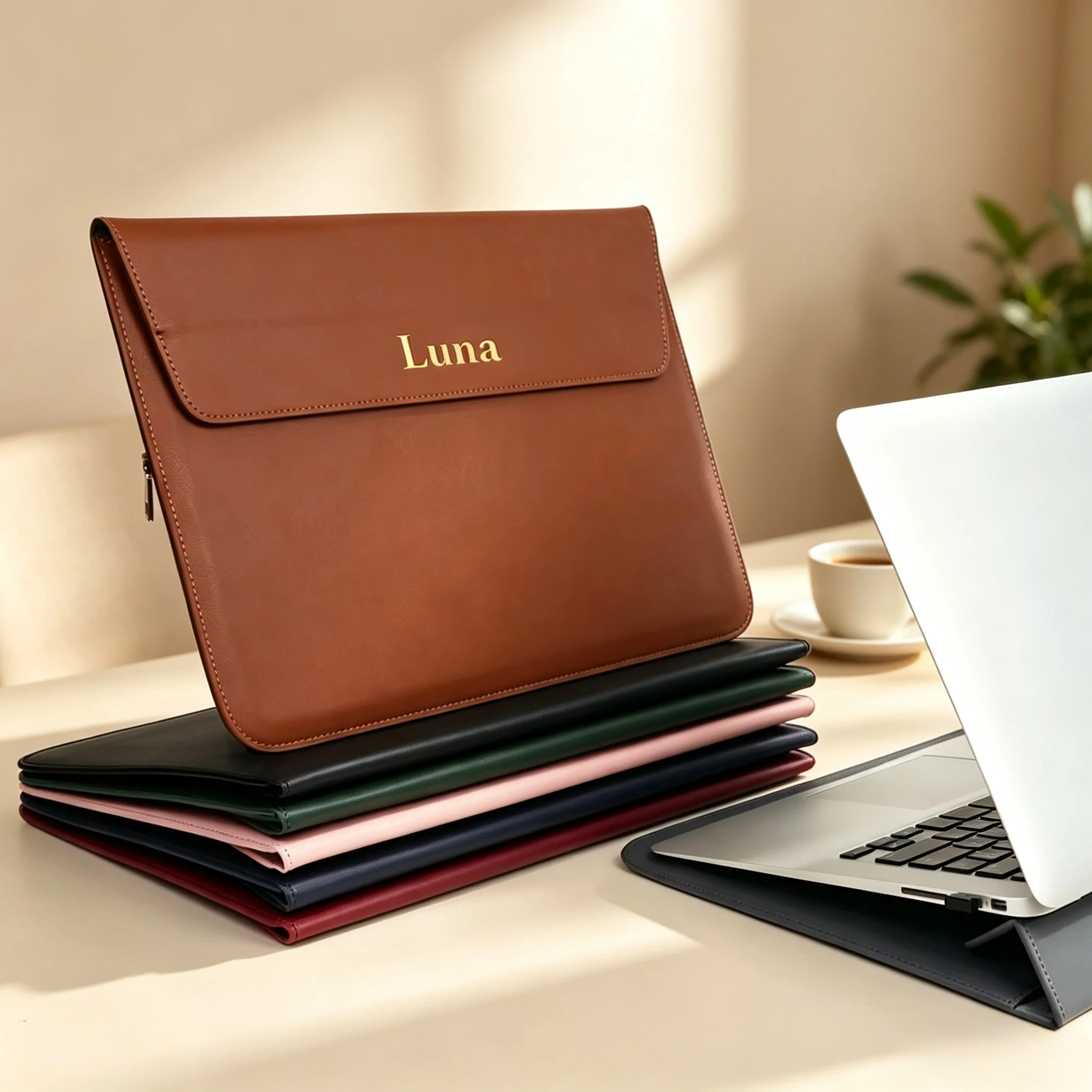 Customized Name Portable Slim PU Leather Men's and Women's Laptop Case Bag 13/15 English Computer Stand Computer Bag