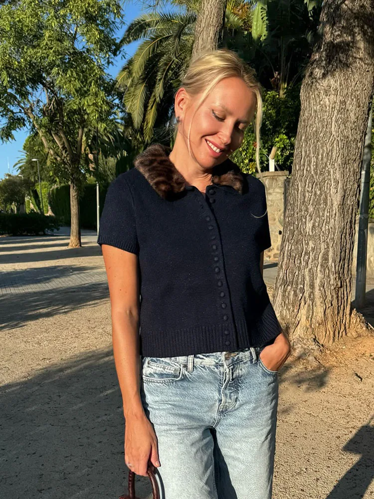 

HH 2025 Women Autumn Cardigan Navy Blue Leopard Print Turn-Down Collar Short Sleeve Single-Breasted Female Casual Tops