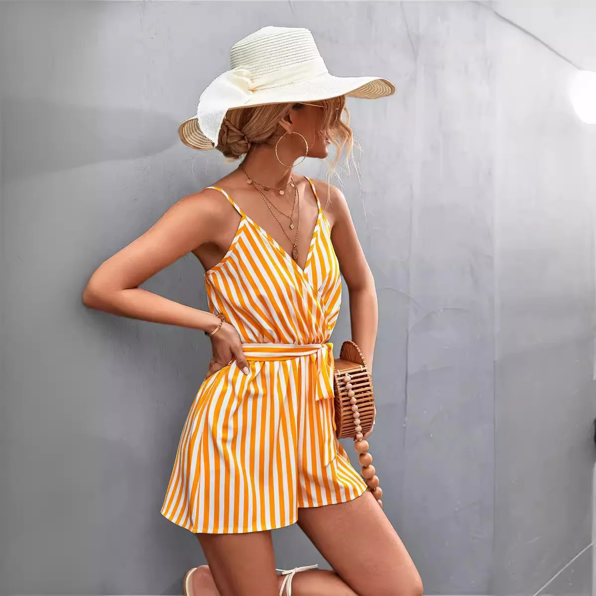 JHJN-mono intelectual sin mangas para mujer, mono holgado con tirantes de ocio, pantalones cortos a rayas con cuello en V, cinturón lujoso