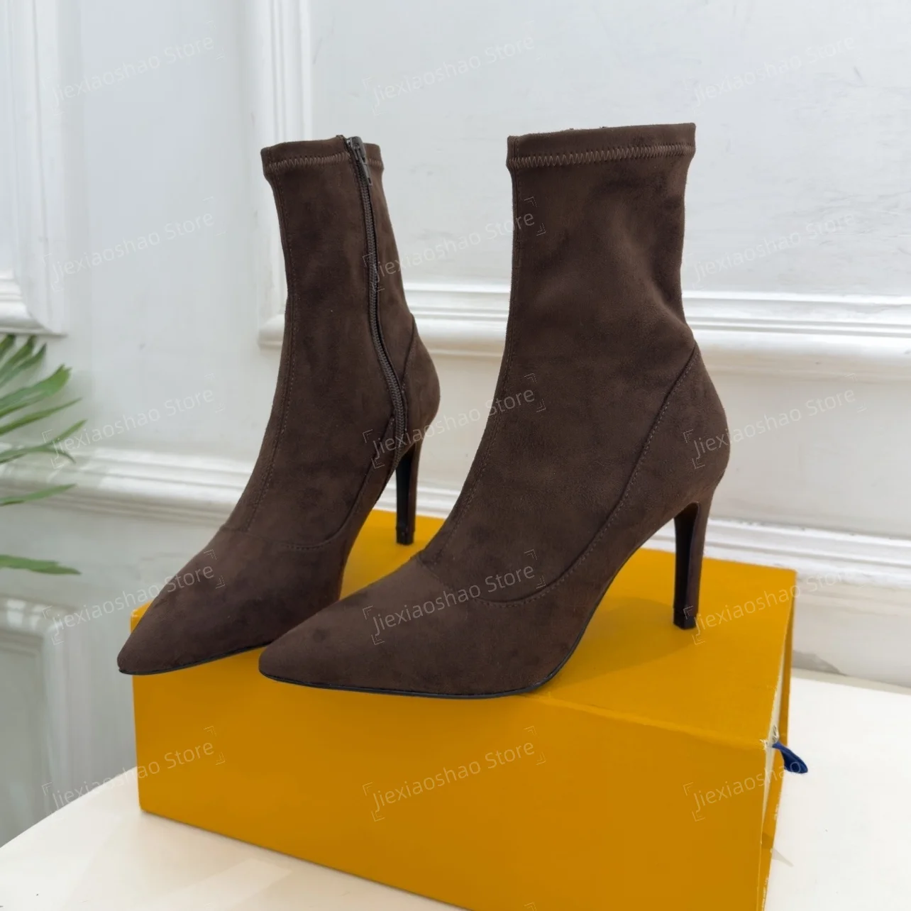 2026 New Arrival Sexy Cow Suede Pointed-Toes Stiletto Ladies Ankle Boots Socks Shoes Plus Size 41 Pumps Dress Shoes Botas Mujer