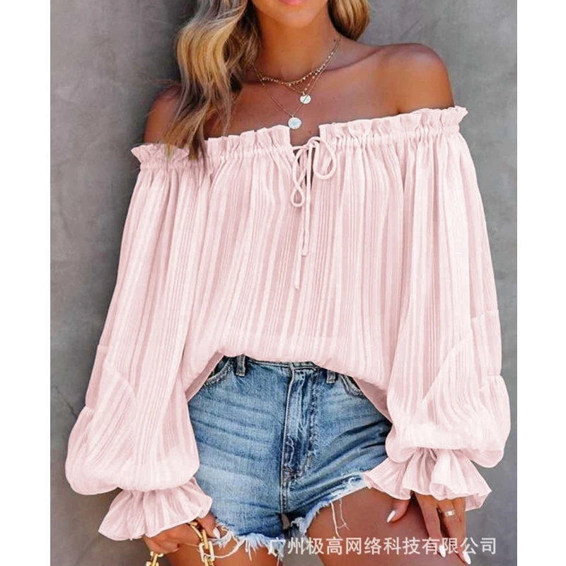 Blusa holgada plisada con cordones para mujer, camisa informal de manga acampanada con hombros descubiertos y cuello oblicuo, Color sólido, novedad
