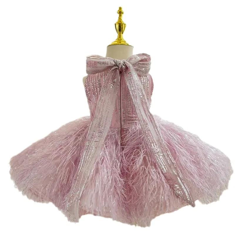 Pink runway dress Birthday high-end princess dress piano dress 2024 new flower girl little girl pompadour dress