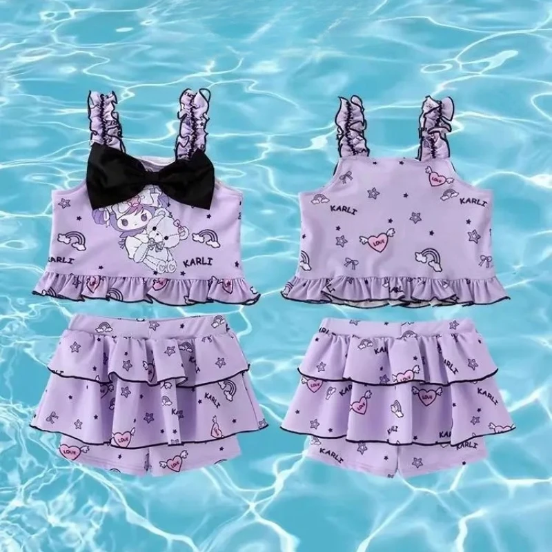 

New Sanrio Princess Swimsuit with Hat Kuromi Two-piece Sleeveless Swimsuit Set Girl Summer Beachwear Pool Party Swimwear Suit