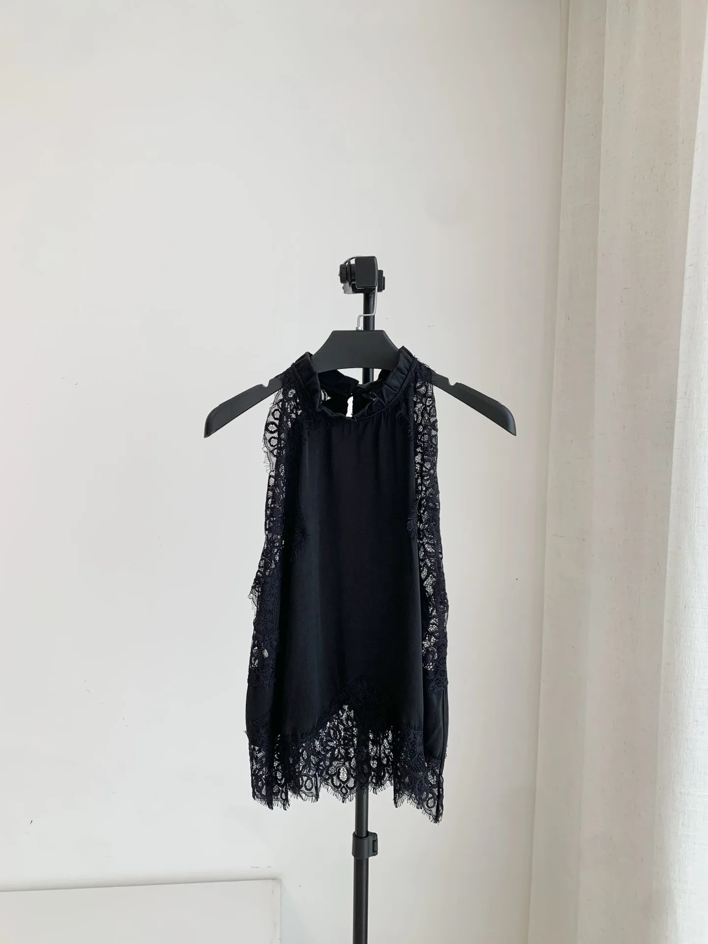 2026 Lace Patchwork Women Black Set High Waist Side Slit Midi Skirt + Stand Collar Sleeveless Vest Elegant Ladies Suit