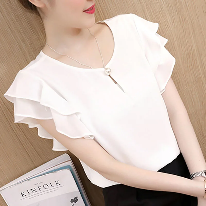 Summer Short Sleeve Blouse Shirt Women Tops Blusas Mujer De Moda 2024 Blouse Women O-Neck Chiffon Blouse Tops Women Shirts D198