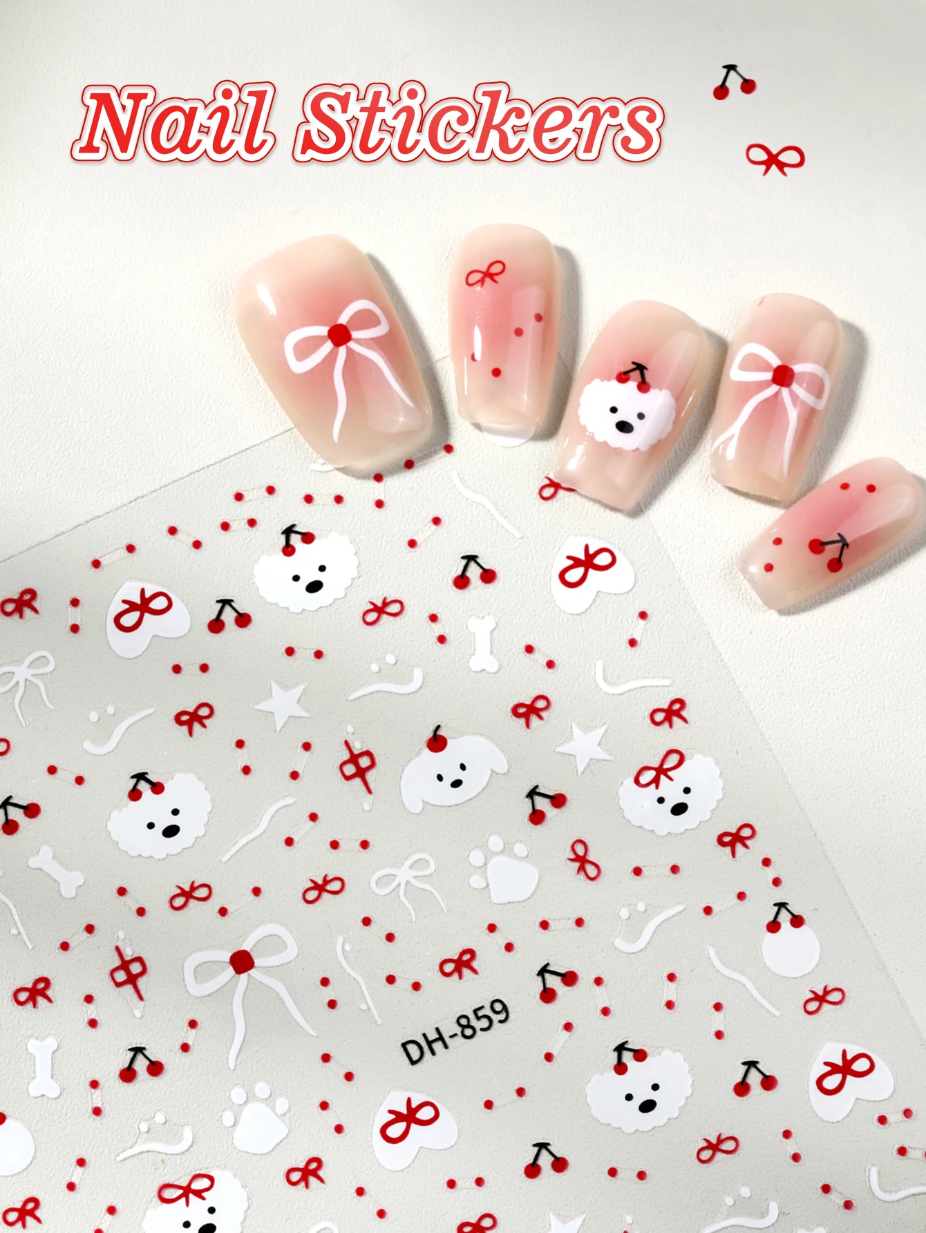 1/2 Śliczne naklejki na paznokcie DIY Wiśnia Pies Wzór Naklejki do dekoracji paznokci Płaskie Kokardki Wodoodporne i Trwałe