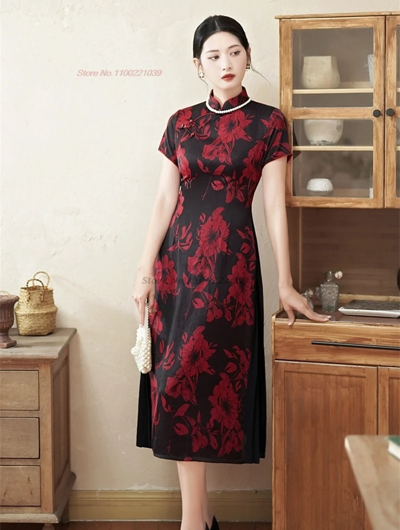 

2024 ao dai vietnam traditional dress chinese improved dress cheongsam oriental elegant flower print banquet evening dress qipao