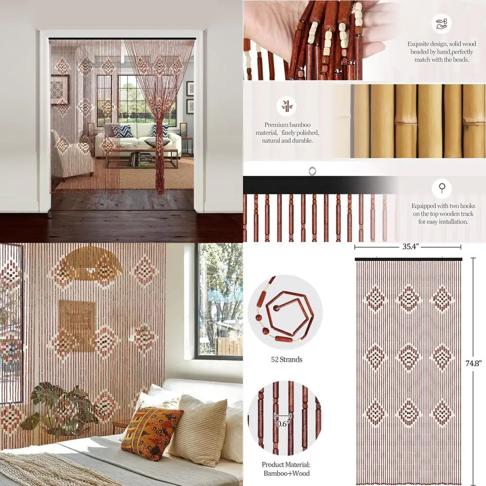 

Natural Wooden Beaded Curtain, 52 Strands, 35.4x74.8 Inches, Boho Style Doorway Hanging, Handmade Room Divider for Home Decor