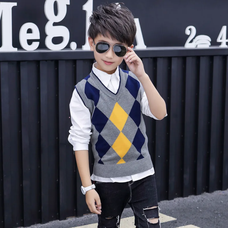 Chldren\'s School Uniform Vest Printed Plaid Design Kids Cotton Sleeveless V-Neck Waistcoat For Teen Boys 5-15 Years Clothes