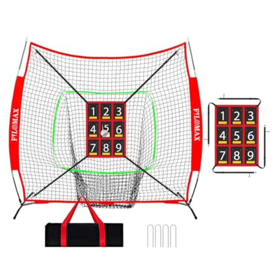 

7x7 ft Baseball and Softball Practice Net with 9 Numbered Strike Zone PRO Training Net for Hitting, Pitching and Batting with C