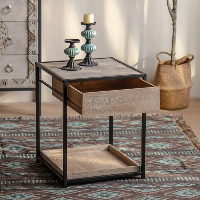 

Minimalist Retro Coffee Table Iron Solid Wood Side Table for Sofa Living Room Double Layer Detachable Corner Table Furniture