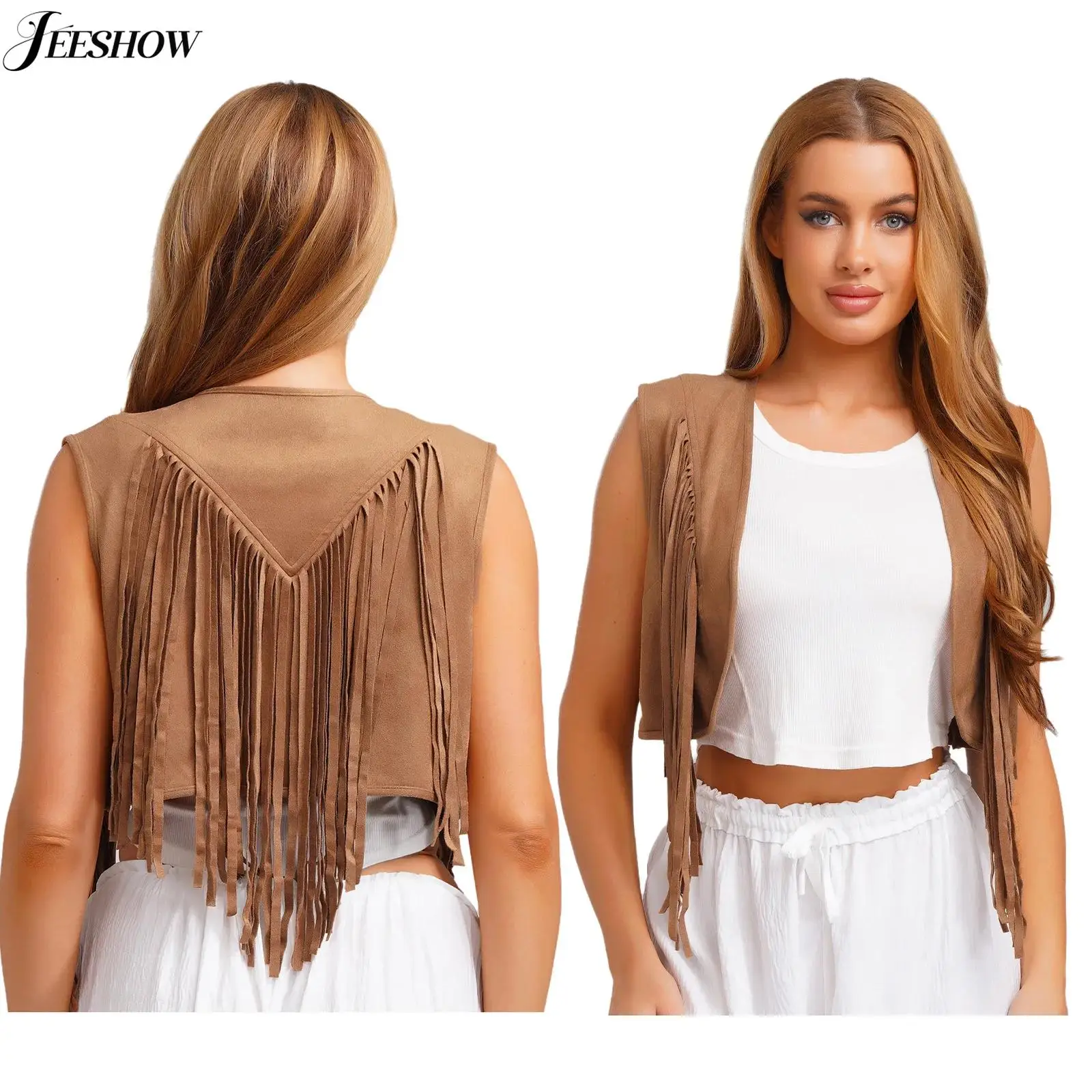 

Womens Retro Cowgirl Tassel Vest Top Faux Suede Sleeveless Open Front Cropped Jacket 70s Hippie Costume Waistcoat Tank Tops