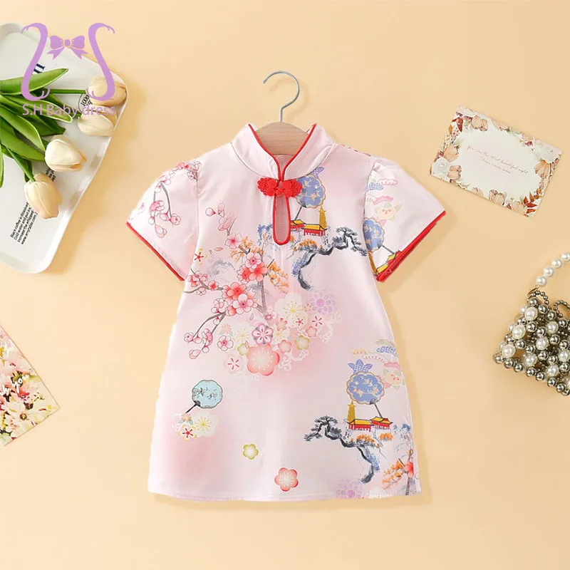 

Детское платье Cheongsam в китайском стиле для новорожденных, мягкое тонкое платье персикового цвета и лотоса, милые платья для маленьких девочек, костюм для малышей