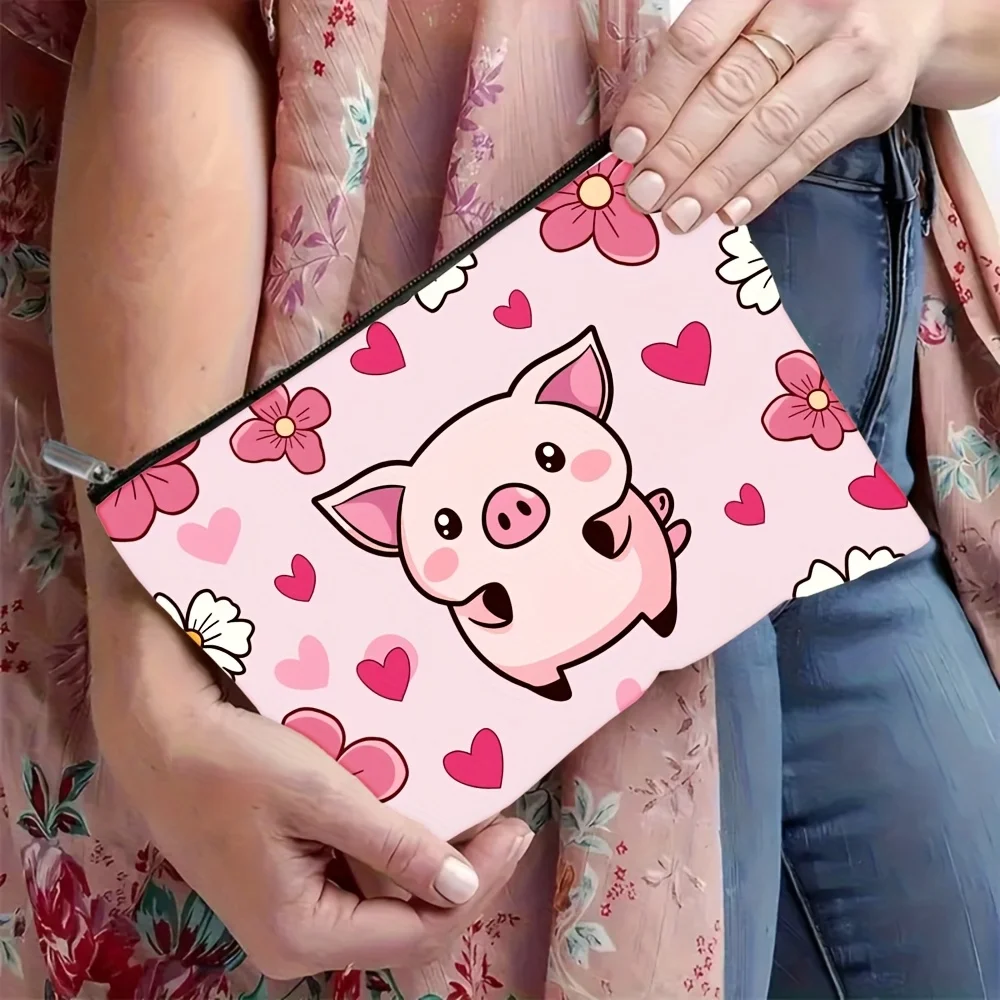 1Pc Cute Pink Pig Heart-Shaped Flower Retro Design Makeup Bag, Snack Storage Bag, Stationery Storage Bag, Canvas Double-Sided Printed Bag