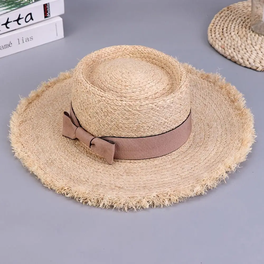 

Casual Wide Brim Sun Hats Flat Top Bowknot Panama Cap Floppy Sun Protection Beach Hats Summer