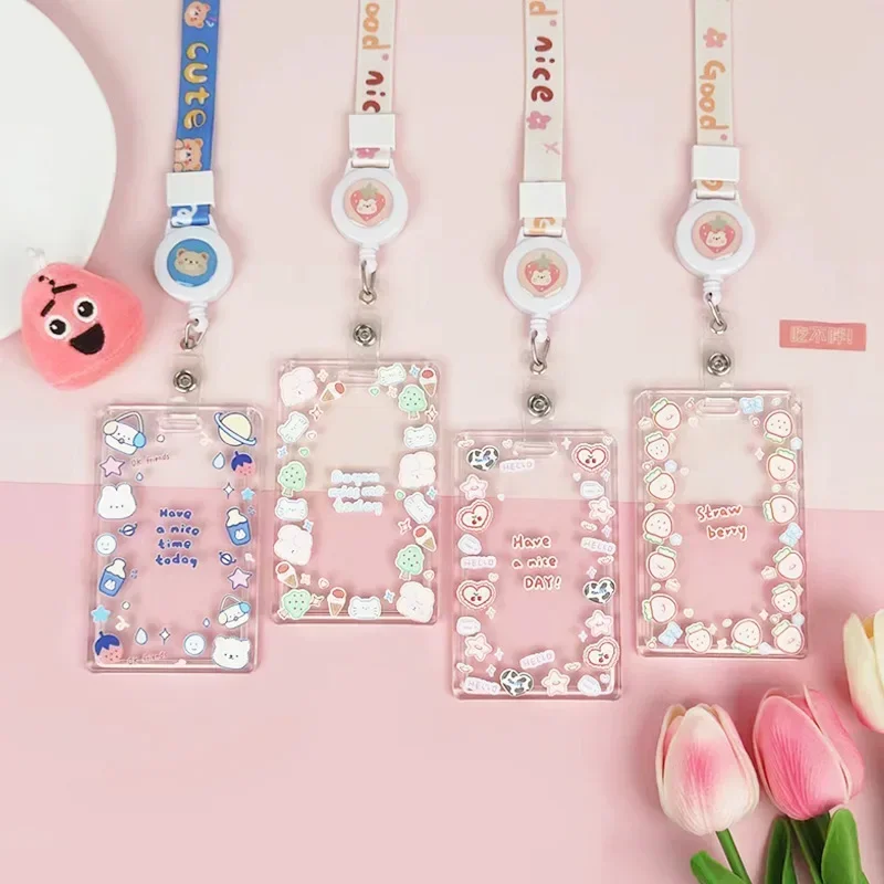 Ins Cute Transparent Lanyard Card Cover Student Bus Cards Sleeve Cartoon Work Card Covers Credit Card Holder with Spring Rope