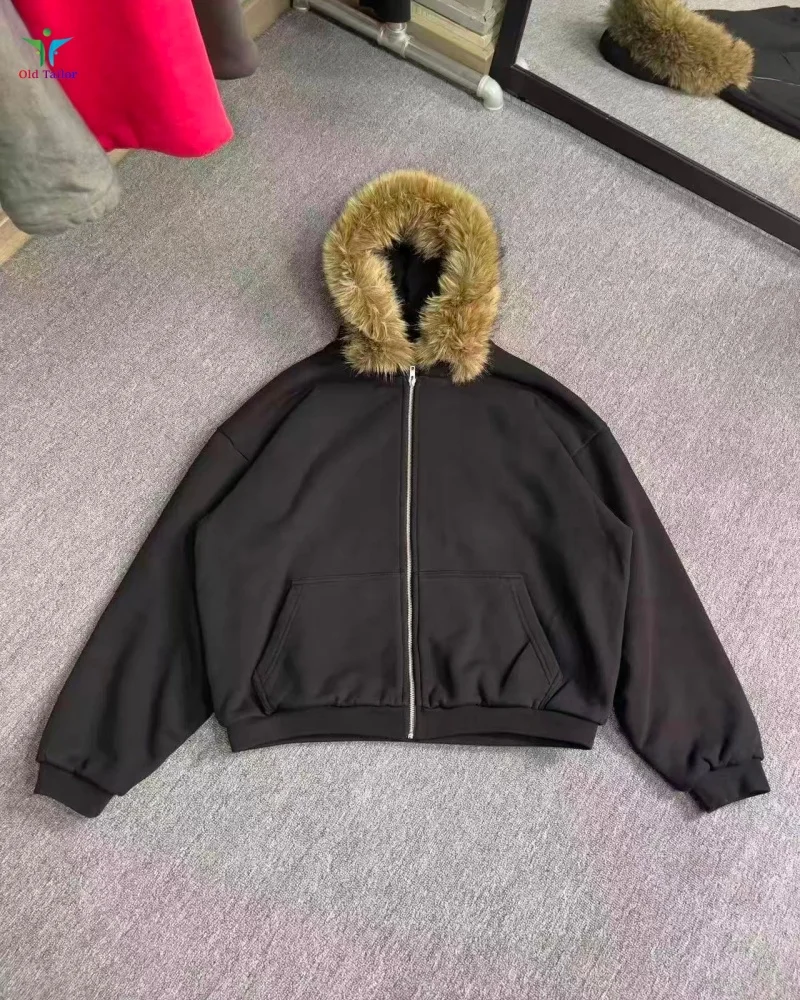 

Latest KANYE 26SS YEY Mountain Eagle Detachable Fur Collar Thickened Hooded Zip-Up Sweatshirt Jacket