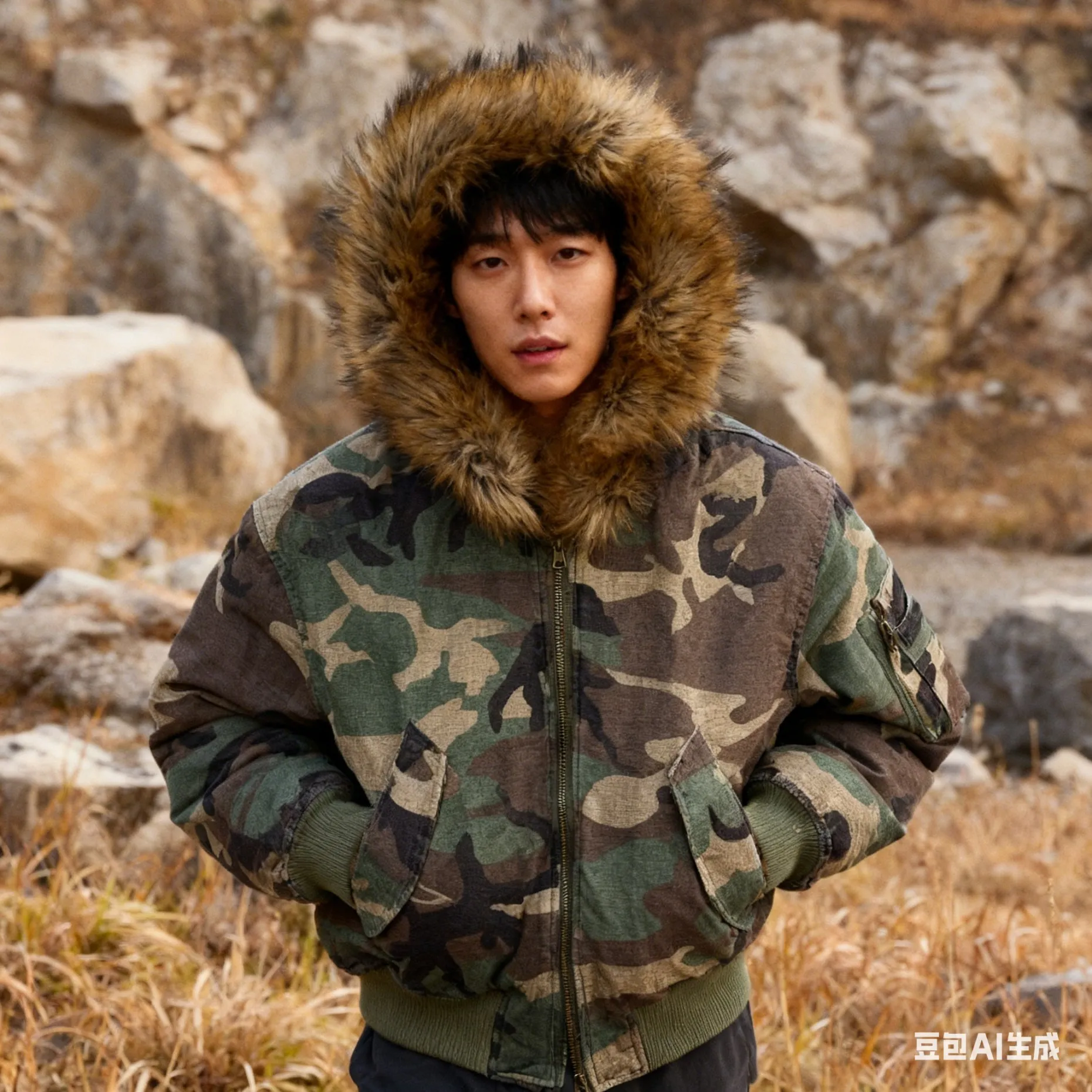 

Mans Heavyweight Cotton Jacket With Plush Fleece Lining & Faux Rabbit Fur，Short Winter Coat Men, Reversible Camo Parka