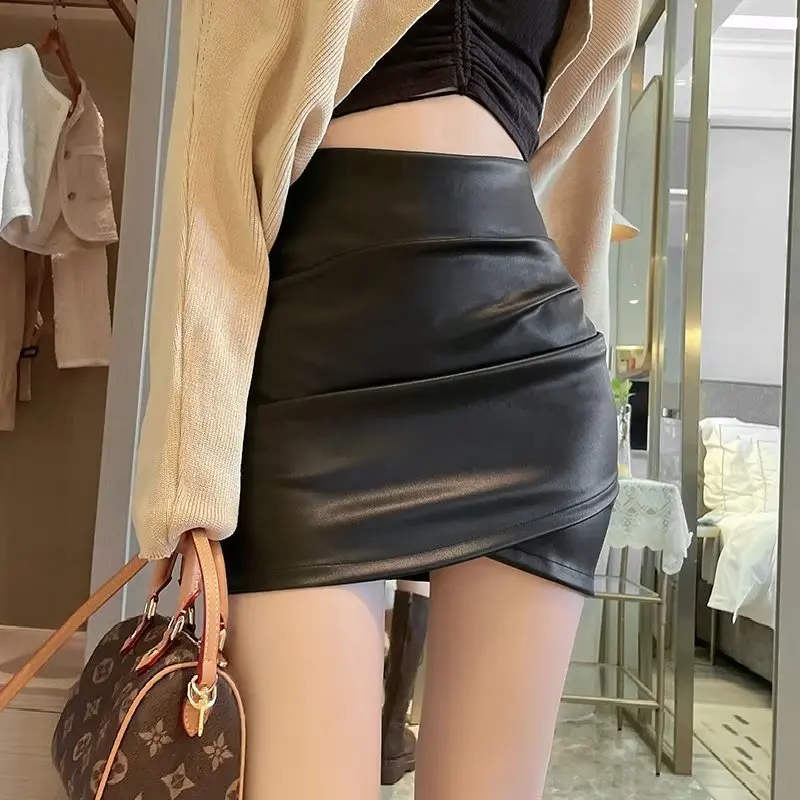 

Korean Irregular Black PU Leather Skirt Women's Spring Summer High Waist Slimming Sexy Sheath Short Dress A- Line Skirt 2024 New