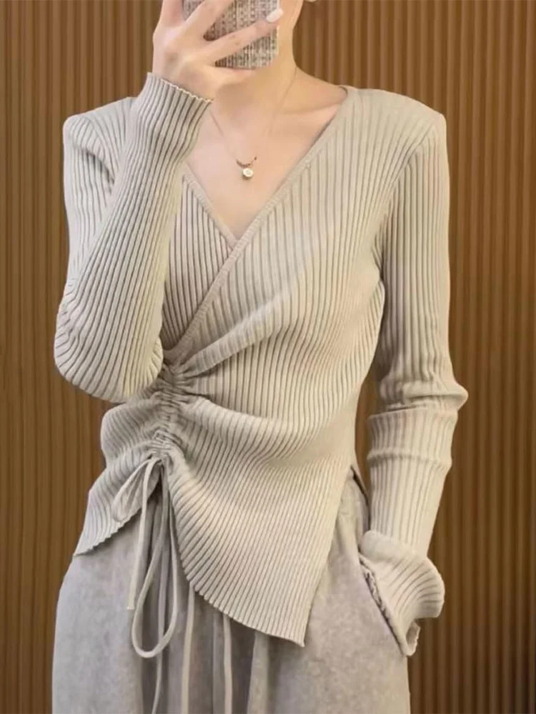 Women's Slim Fit V-Neck Pullover Sweater Long Sleeve Black Base Layer Top Drawstring Design Korean Style Commute Fashion