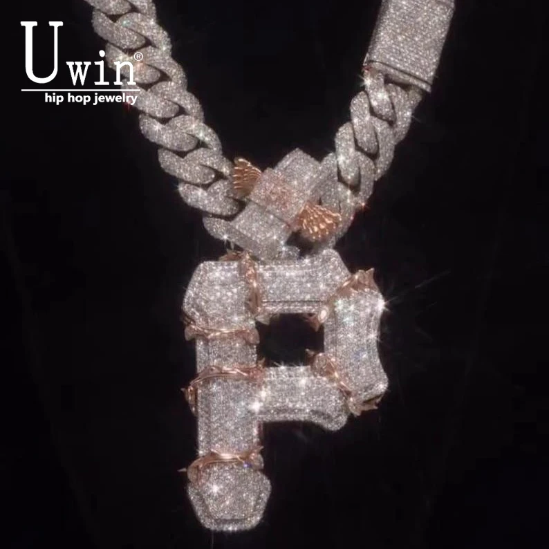 Uwin Iced Out Barbed Wire Thorn Angel Wing Letter P Pendant Full Micro Pave Cubic Zirconia HipHop Necklace Street Jewelry Gift
