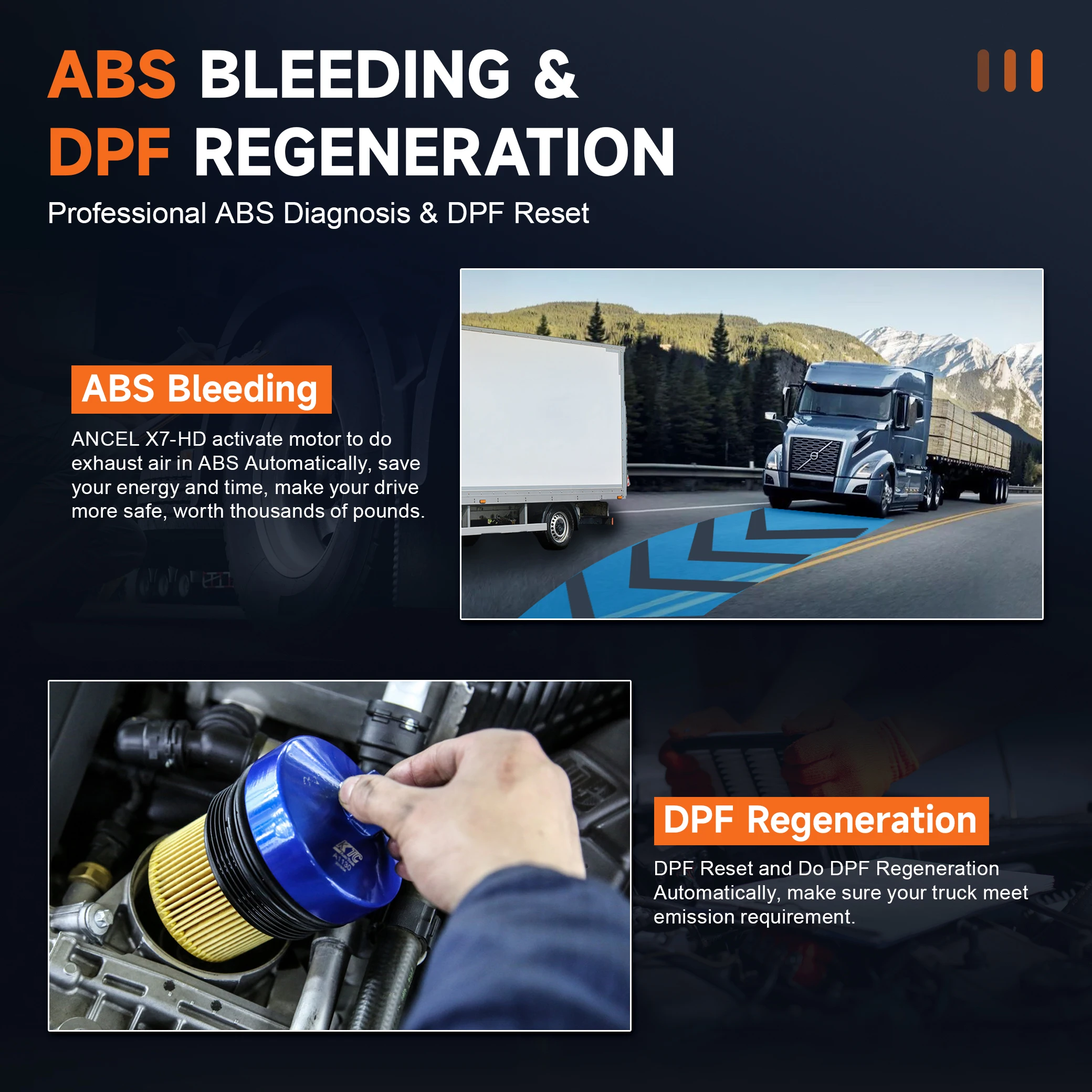 ANCEL X7 HD 10.1 ''ماسح ضوئي للشاحنة الثقيلة DPF ECU ترميز شبه شاحنات جميع أدوات تشخيص النظام أداة مسح الديزل ثنائية الاتجاه