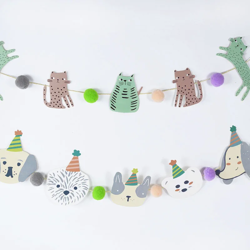 1 Set Lovely Cat Dog Design Paper Banner Bunting Pet Birthday Party Decoration Garland For Baby Shower Kids Birthday Favor Decor