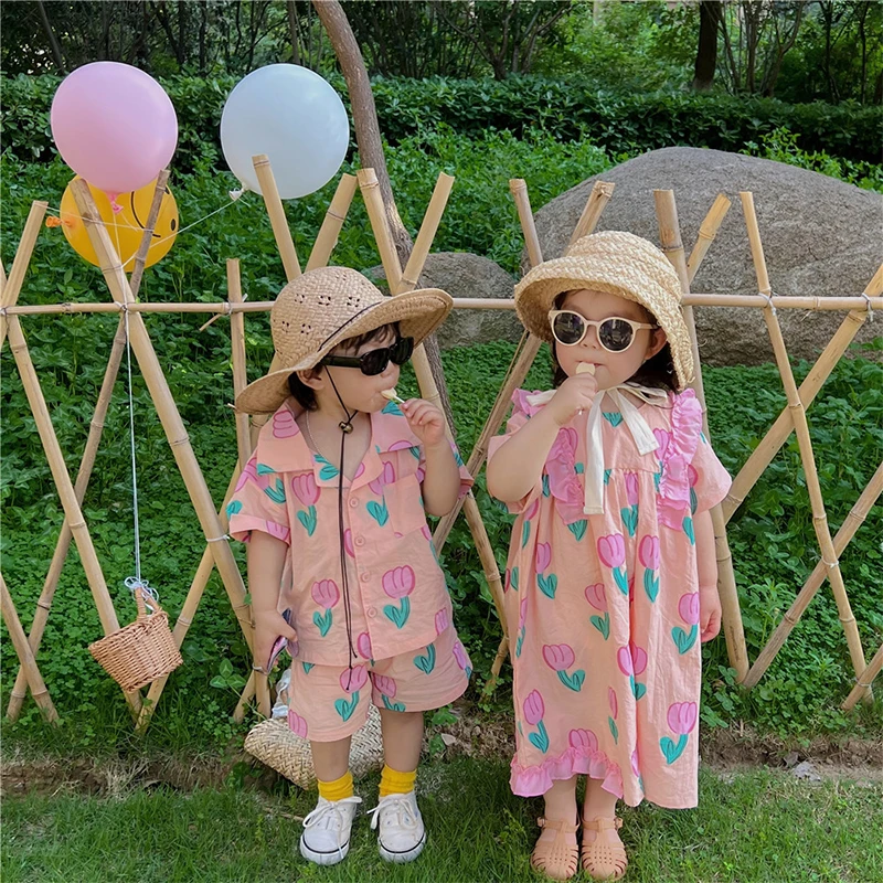 

Summer Boys Shorts 2PCS Suit Sets Casual Tops Pants Children Thin Girls Dresses Sweet Tulip Cousin Sister Clothes Spring Outfits