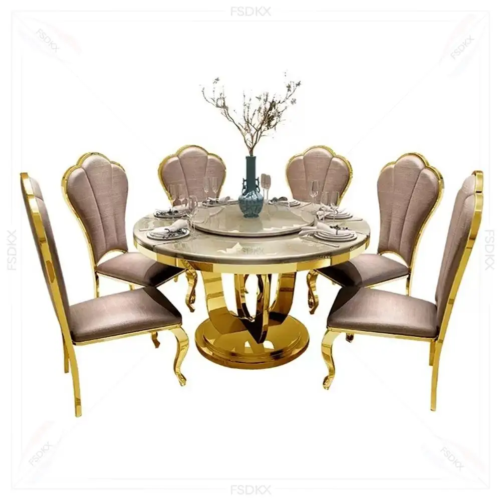 FSDKX Modern Round Dining Table with Stainless Steel Base and Marble Tabletop