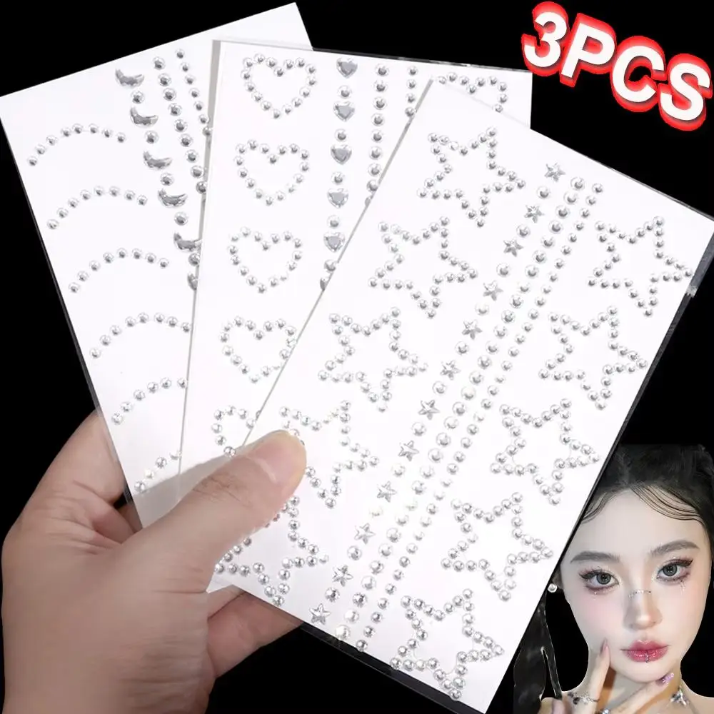 3D Sparkling Acrylic Face Stickers 1/3 Sheet Self-Adhesive Crystal Jewel Temporary Makeup Tattoos Star Heart DIY for Facial Deco