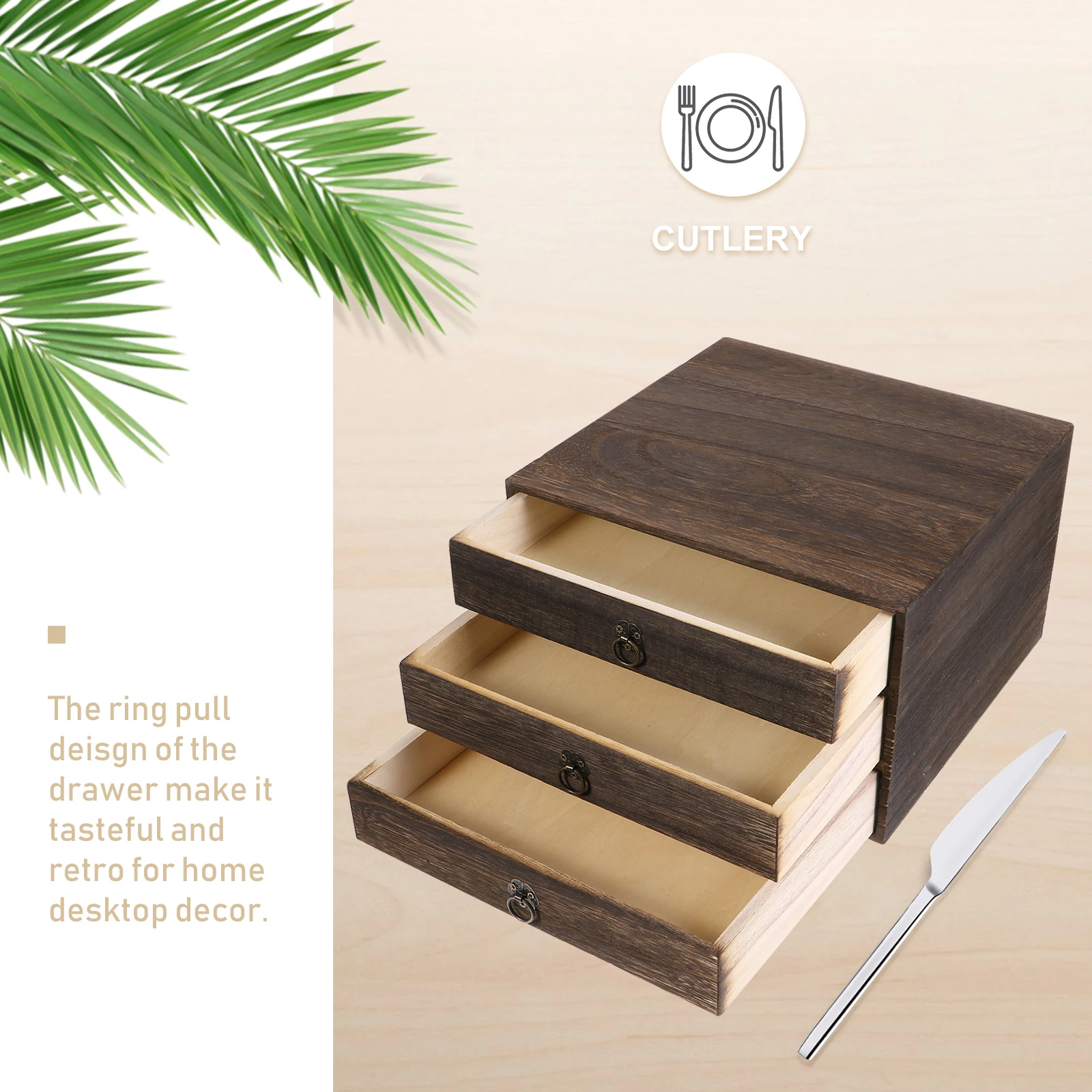 

1pc Solid Wood Storage Drawer Desktop Organizer Retro 3 Layer Wooden Table Drawer With Pull Ring For Room Decoration