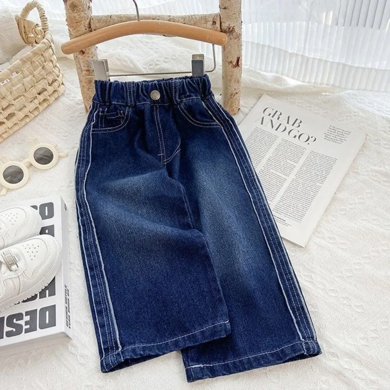 UNITIM Autumn Kids Girls Jeans 2-8Yrs Girls Straight Pants Winter Thicken Warm Integrated Children Denim Pant Girl Wide Leg Pant