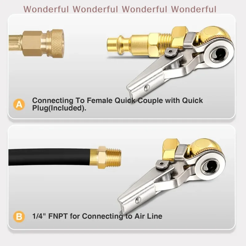 Válvula infladora de mandril de ar para pneu de carro, 2 peças com cinto de matéria-prima, bola fechada de latão, 1/4 polegadas, fnpt, fluxo fechado, inflador de pneus