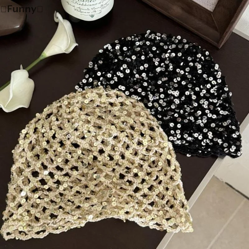 ΣFunny SigurRetro Hohle Pailletten Beanies Cap Y2K Sommer Herbst Dünn Atmungsaktiv Vielseitig Show Face Little Cute Pullover Hüte Damen