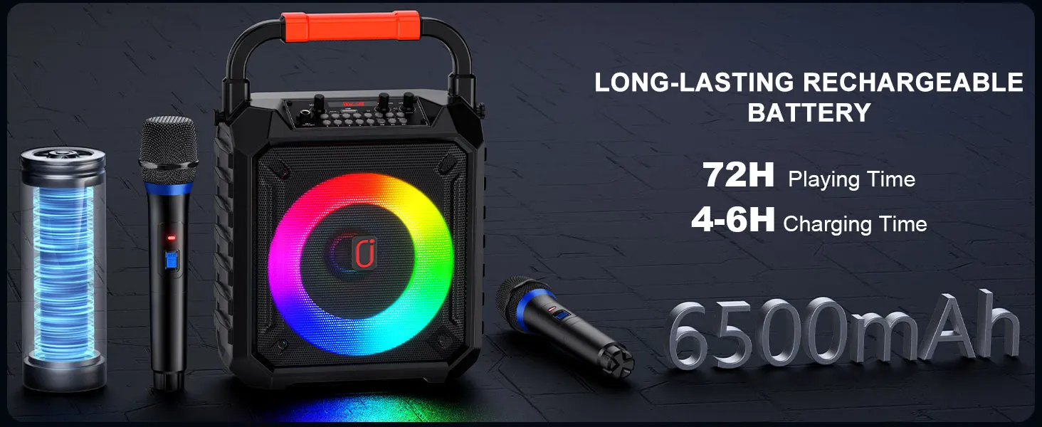 T17 Karaoke-Maschine mit 2 kabellosen Mikrofonen, tragbarer Bluetooth-Lautsprecher mit RGB-Licht, Karaoke-System für Karaoke, Hausparty – Detail 6