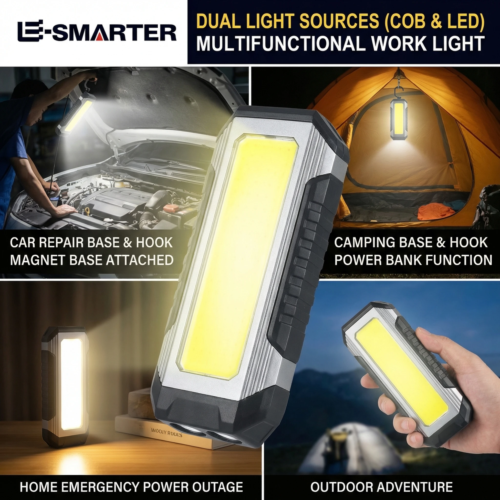COB Repair Work Light with Magnet Portable Camping Flashlight Rechargeable Waterproof Emergency Power Bank High Bright Torch Lam