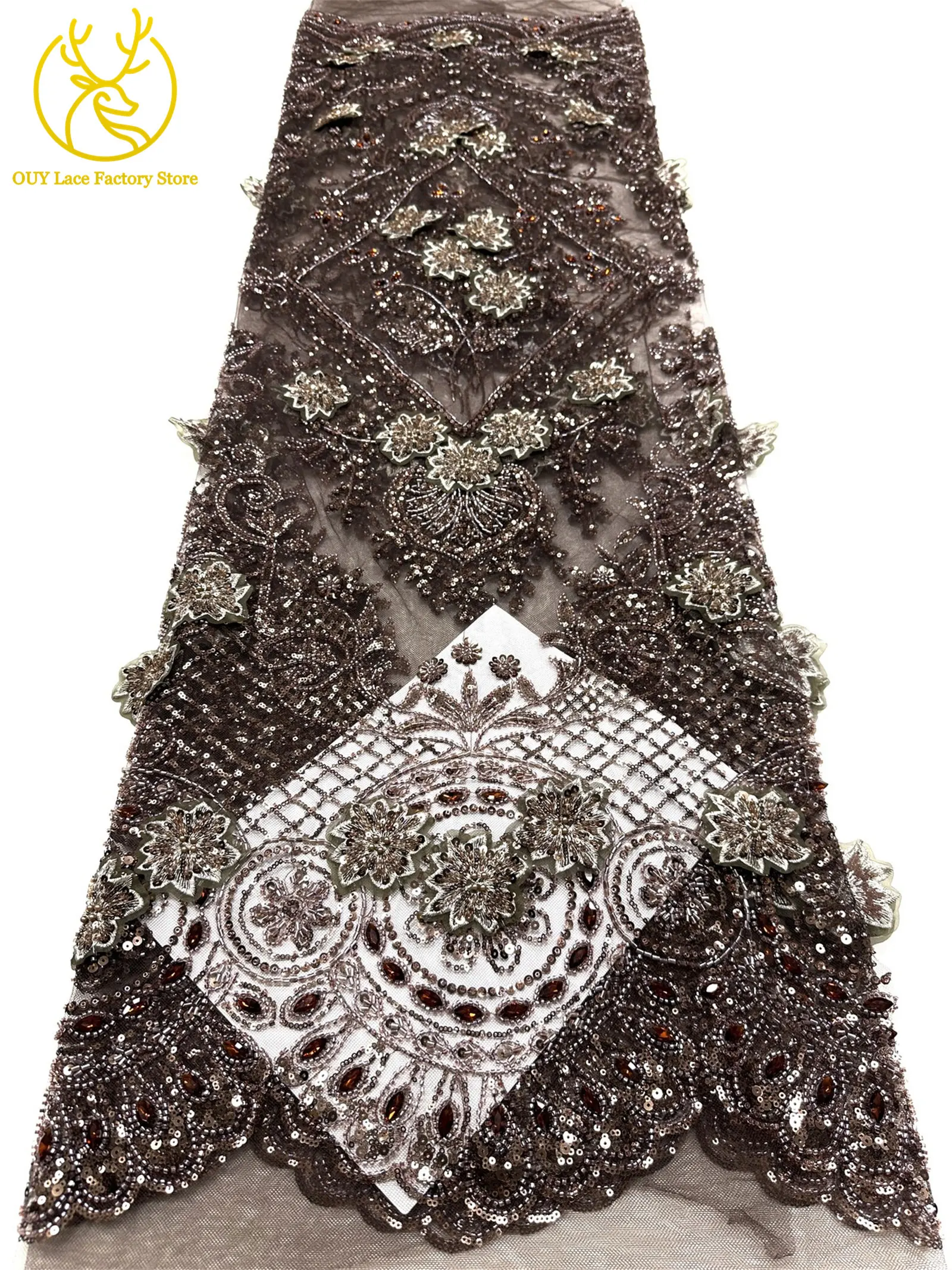 3D-Stickerei Blumen Französischer Mesh-Stein-Spitzenstoff 2026 Afrikanischer Nigerianischer Tüll Perlen-Pailletten-Spitzenstoff für Hochzeitsnäharbeiten – Detail 30