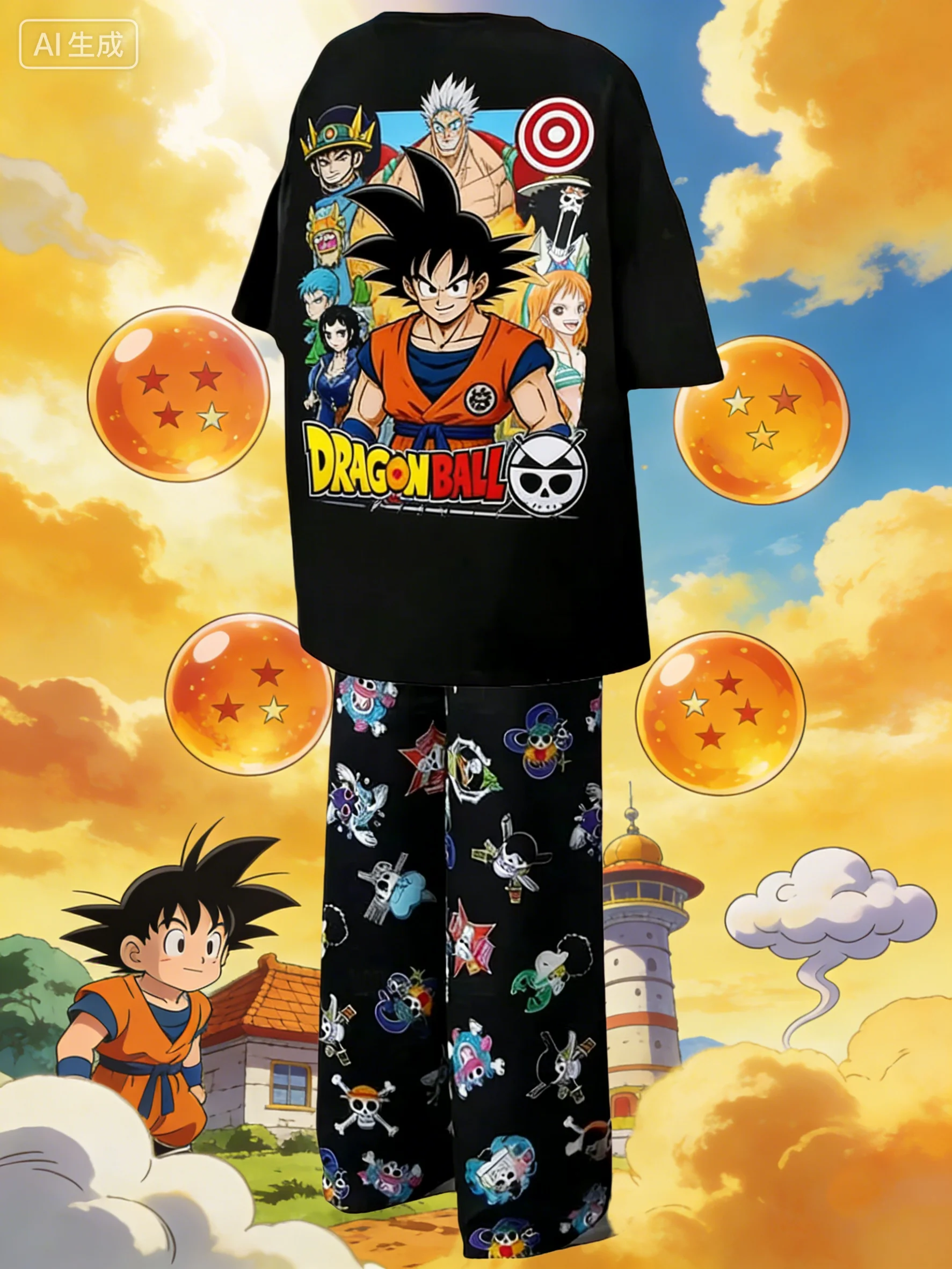 

Летний пижамный комплект 2026: футболка оверсайз и брюки с принтом персонажей Dragon Ball Z (Гоку и все герои), унисекс, аниме-пижама, домашняя одежда