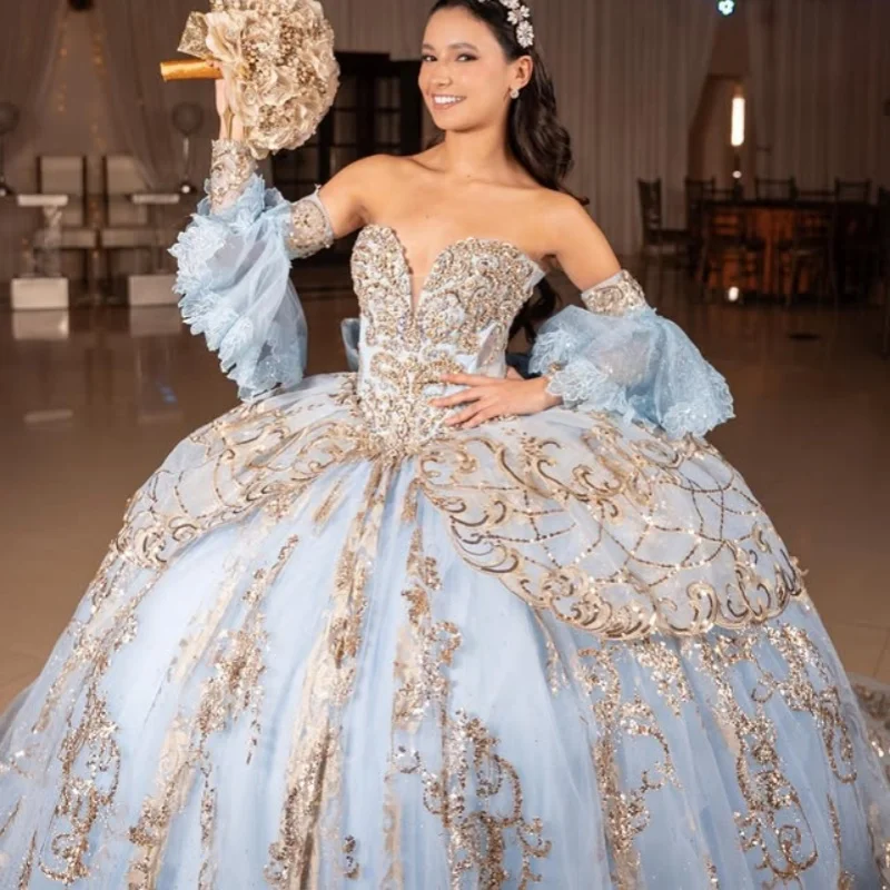 

Light Blue Quinceanera Dress Crystal gold sequins Decal off-shoulder Long tail layering Vestidos De 15 Quinceanera ﻿Customize