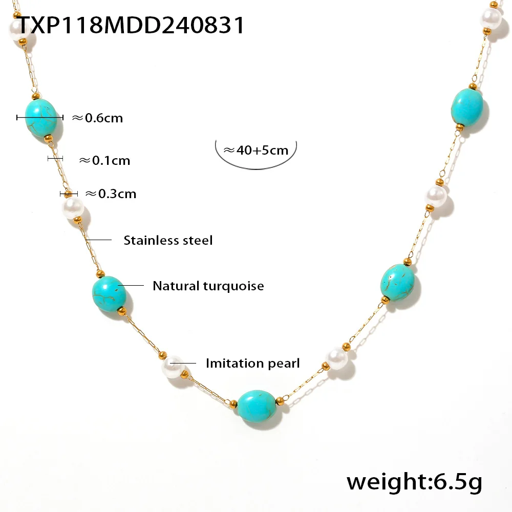 Turquoise Stones Pearl Necklace Bracelet Women Set Stainless Steel Natural Stone Beaded Pendant Female Necklaces Luxury Jewelry