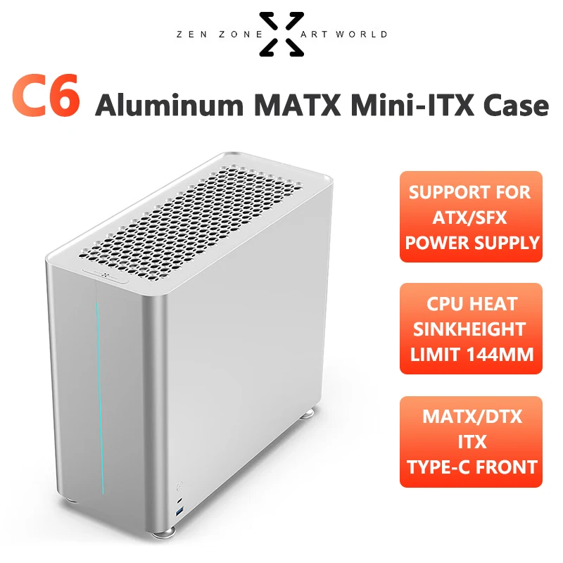 ZZAW C6 MATX Case All Aluminum ITX Chassis Support Type-C Interface 280 Water-cooling Game DIY Desktop Computer Chassis