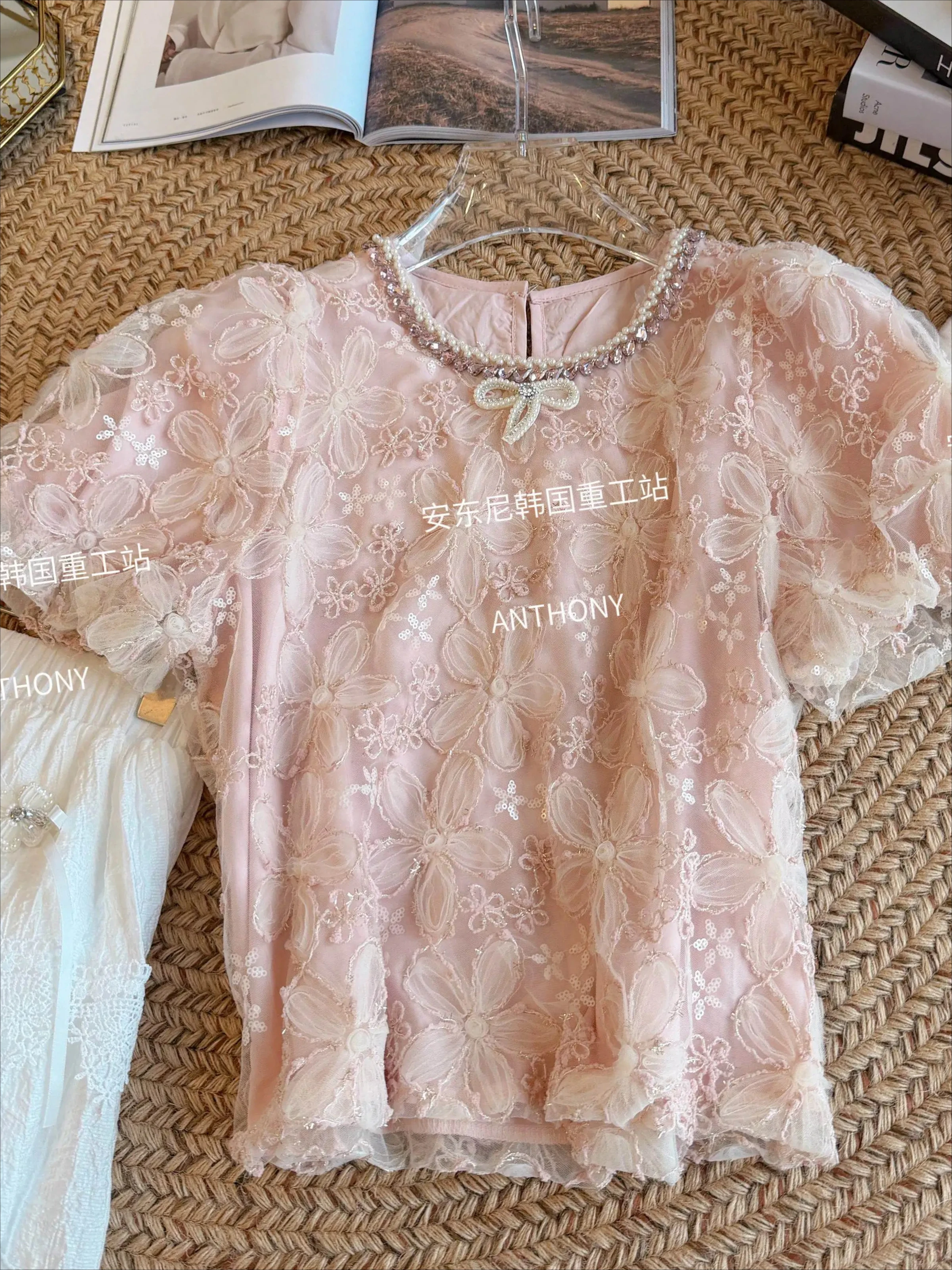 

Sweet Temperament Versatile Chiffon Shirt Top Women's Puff Sleeve Three-dimensional Bead Bow Lotus Color Shirt Top Summer New