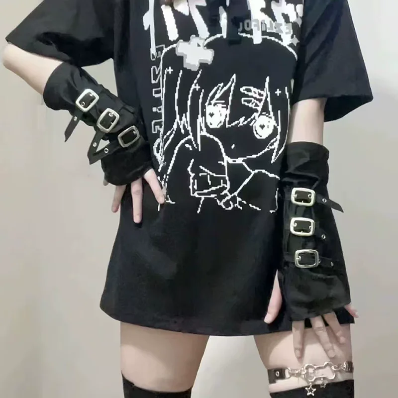 1Pair Punk Metal Buckle Black Half-Finger Gloves Y2K Lolita Hip Hop Style Cosplay Fingerless Gloves Street Dance Fashion Sleeves
