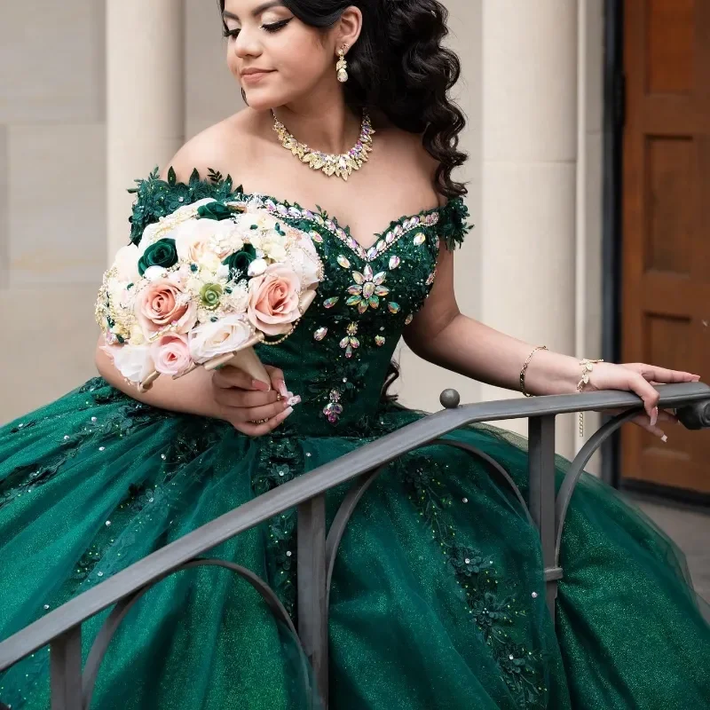 Robe de Quinceanera vintage vert émeraude, robe de Rhmexicaine, appliques en dentelle, perles de cristal, robe éducative, douce, personnalisée, 15 De XV