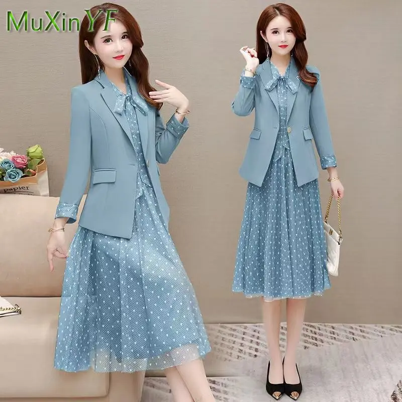 2024 Summer Autumn New Suit Jacket Floral Dress Two-piece Women Elegant Blazers Mesh Midi Dresses Set Female Professional Wear