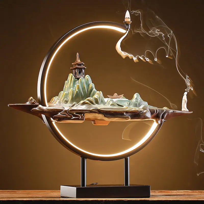 Quemador de Incienso de Cerámica Moderno, Quemador de Incienso de Flujo Inverso, Quemador de Incienso de Sándalo para Sala de Estar, Decoración de Cerámica China
